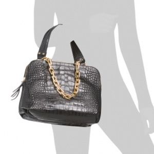 NWT Croc Claudia Firenze Satchel Black Italian Leather Hand Bag